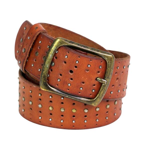 PERFORATED BROWN REAL LEATHER 1 5/8"Wd STUDS CASUAL DRESS WOMEN'S BELT Sz S (F34 - Picture 1 of 12